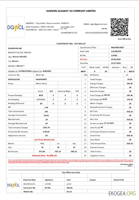 Modèle Word et PDF de facture de services publics pour les entreprises INDE DGVCL